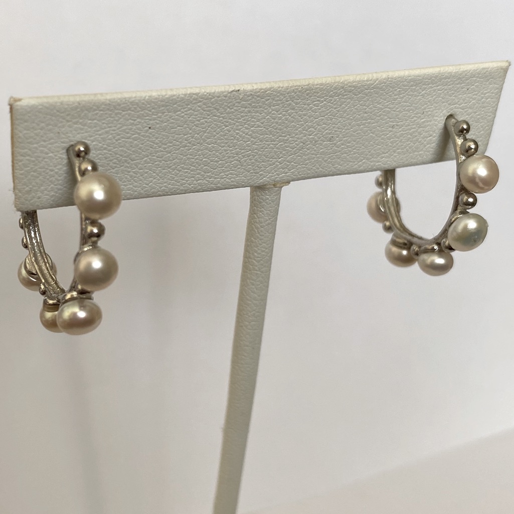 925 Silver Pearl Hoop Post Earrings